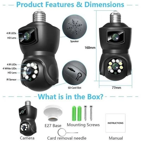 V380 E9 Dual Lens Bulb PTZ IP Camera.